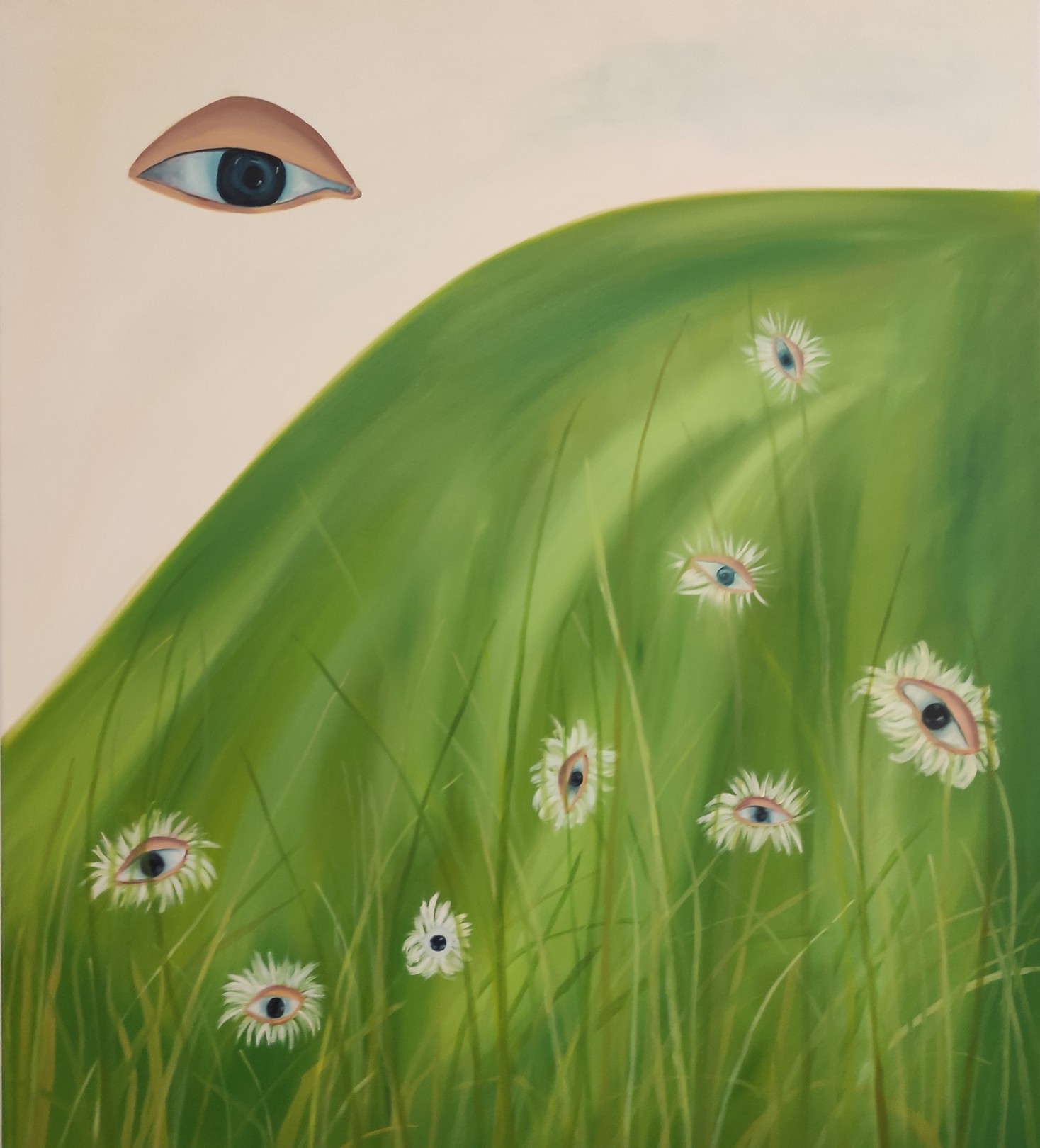 A surreal landscape where a human eye floats above a field of grass, which is dotted with flower-like eyes.
