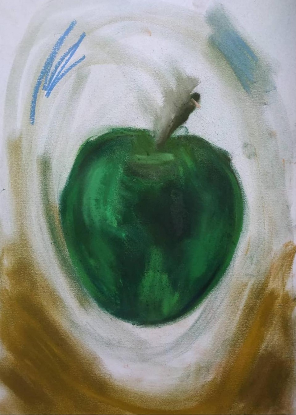 A painting of a green apple on a white background.