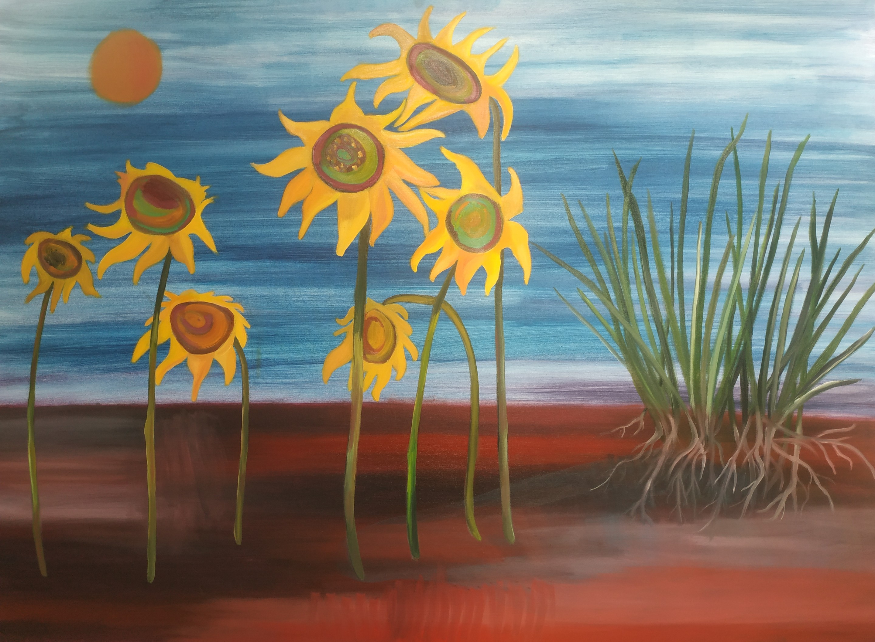 A vibrant landscape painting featuring a cluster of sunflowers against a blue sky and red ground.