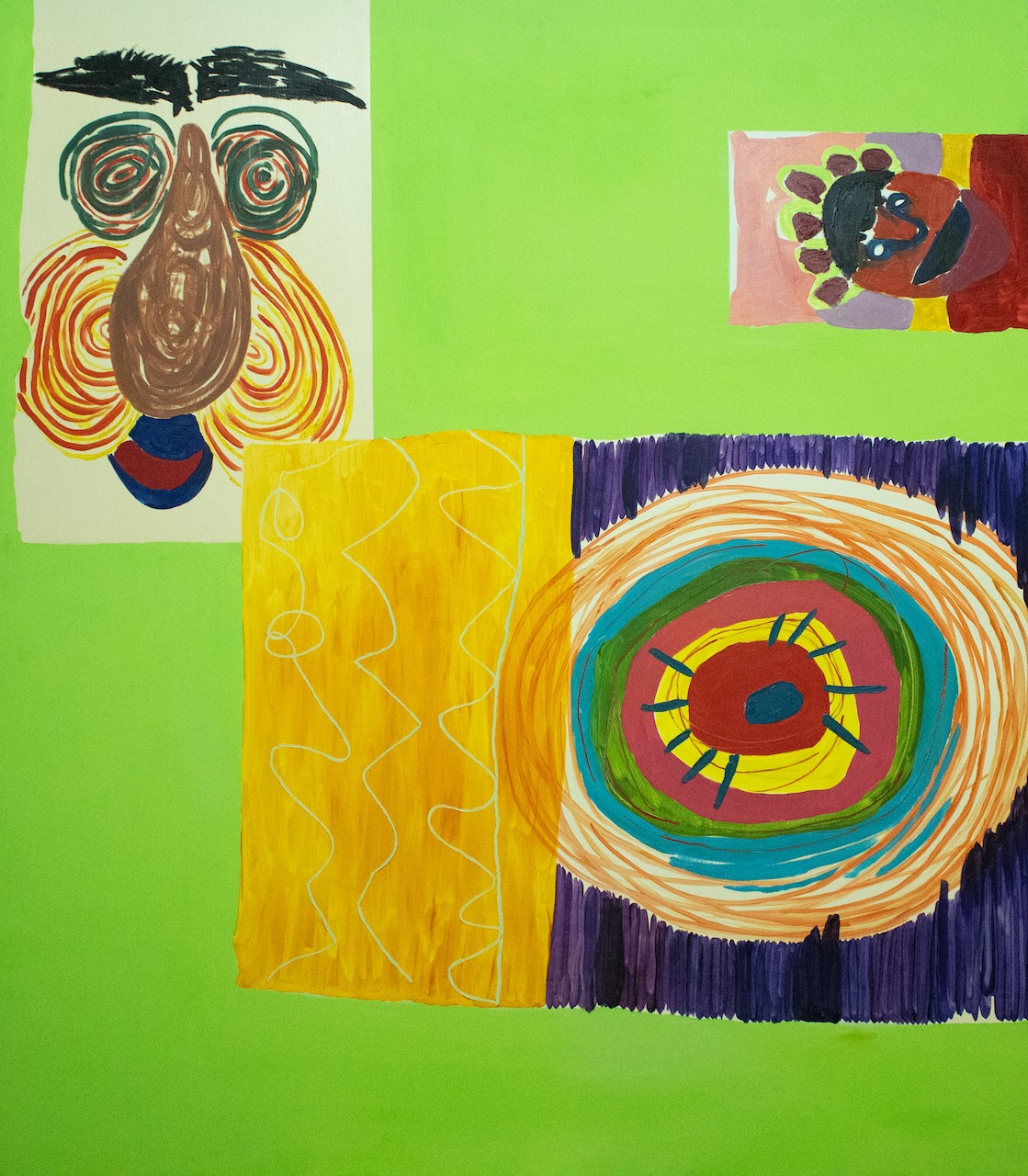 A colorful collage featuring three distinct drawings on a bright green background.