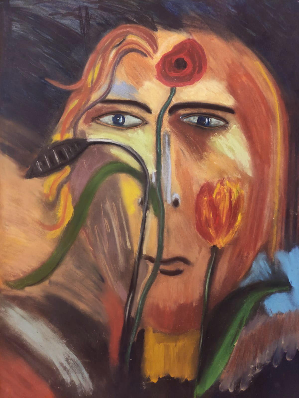 A surreal portrait blending human features with floral elements in vibrant, expressive brushstrokes.