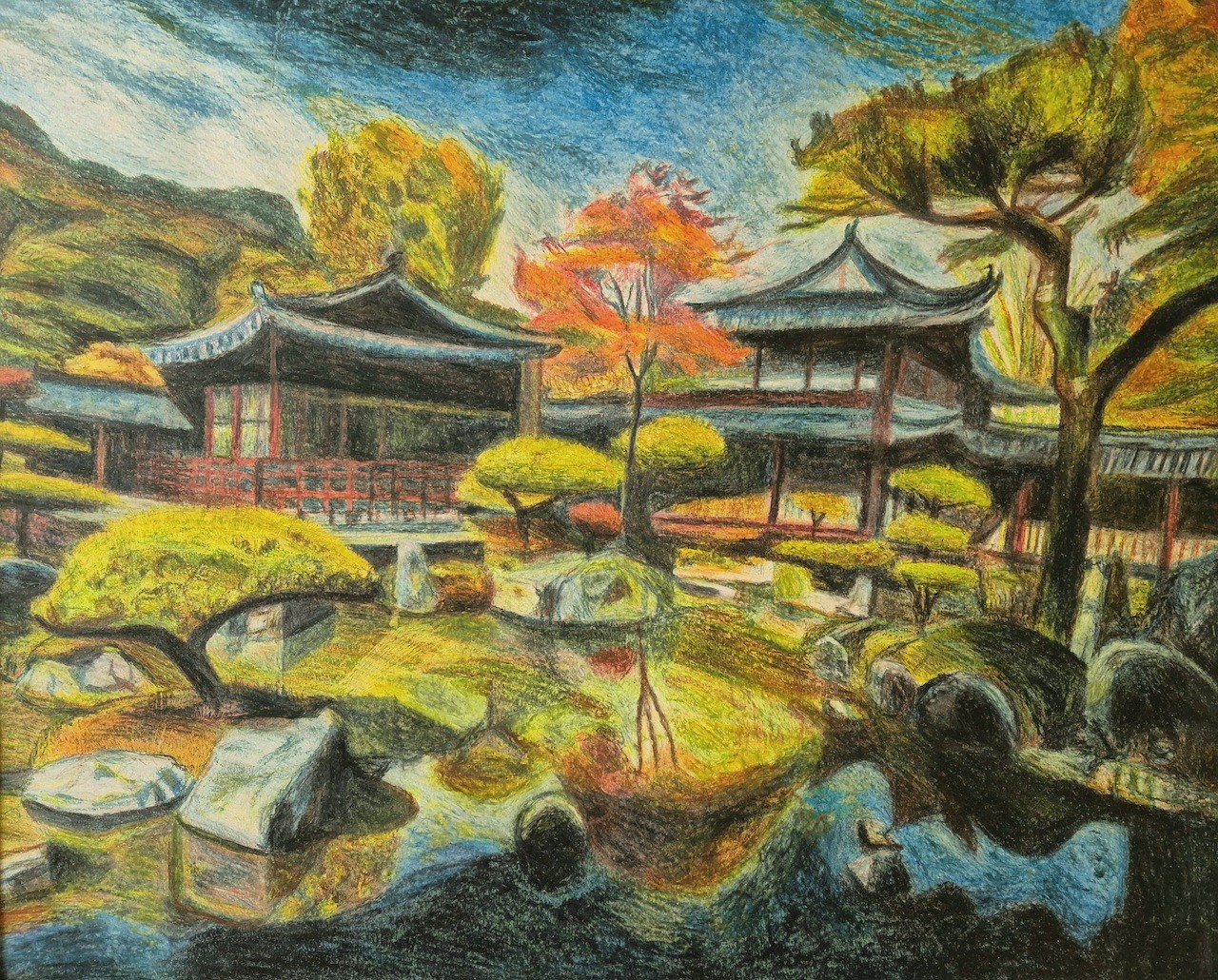 A vibrant, impressionistic landscape of a traditional East Asian garden with pagodas and autumn foliage.
