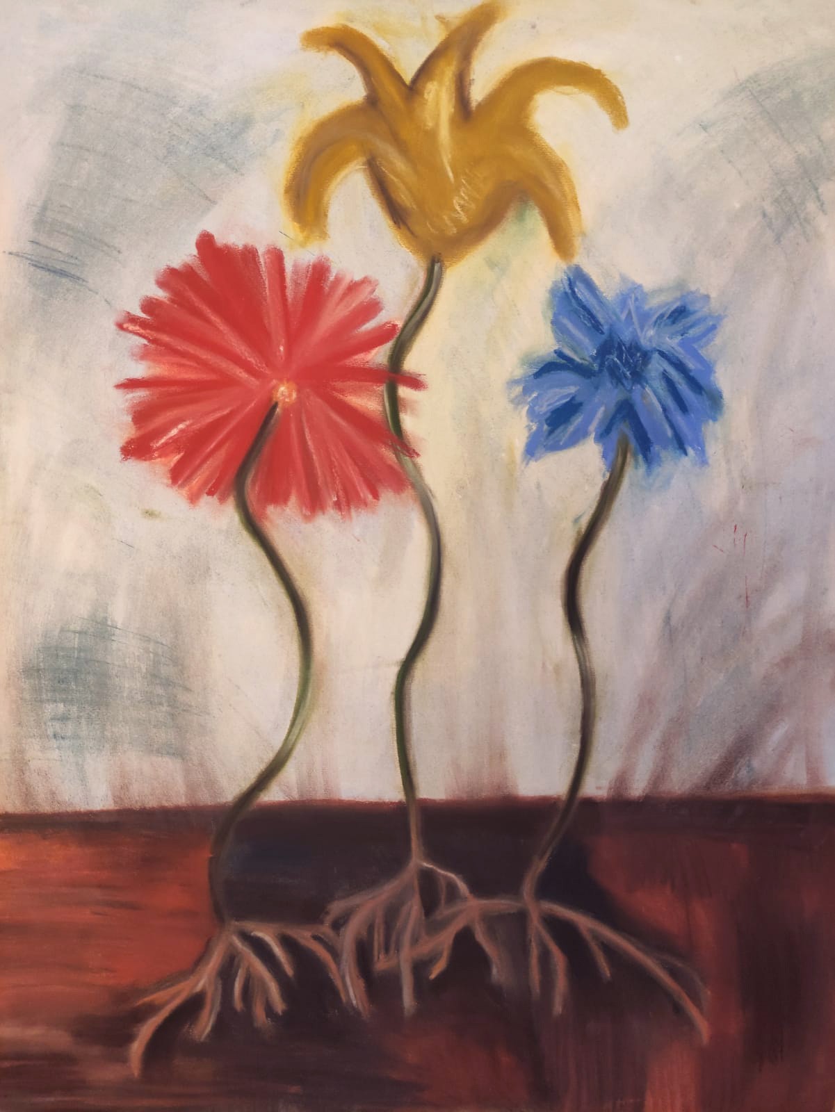 A colorful painting of three stylized flowers with exposed roots against a textured background.