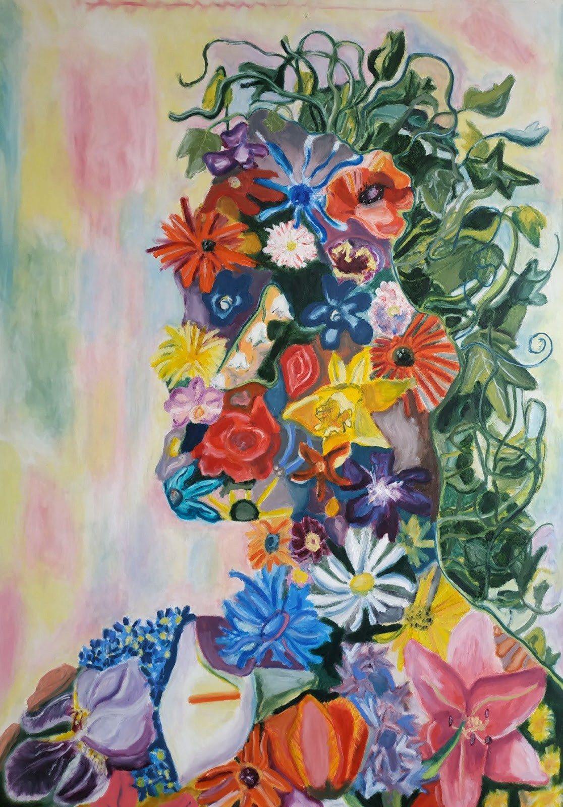 A vibrant portrait silhouette filled with a dense, colorful bouquet of flowers and vines.