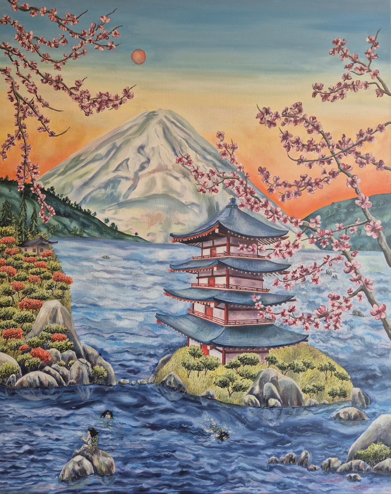 A serene landscape painting featuring a traditional pagoda on an island, cherry blossoms framing the scene, and a large mountain in the background.