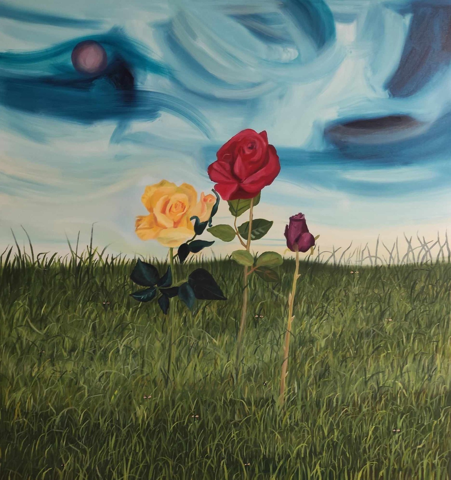 A surreal landscape painting featuring three roses against a turbulent sky.