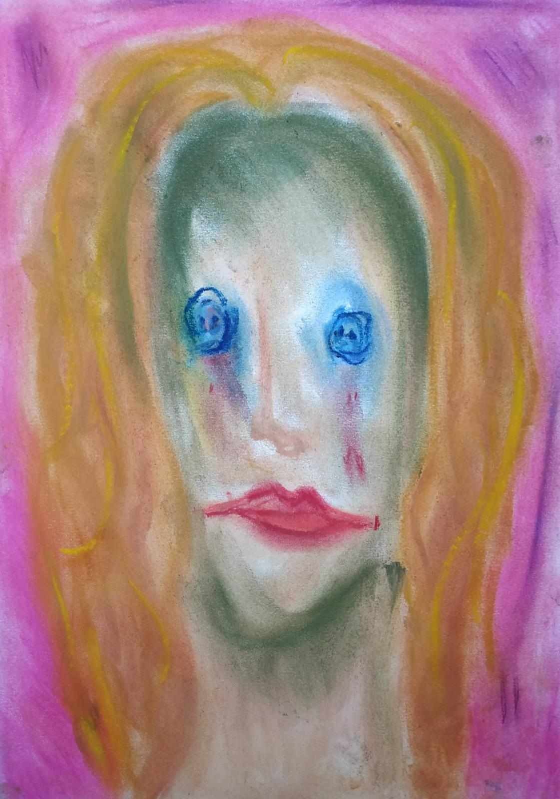 A painting of a woman with blue eyes on a pink background.