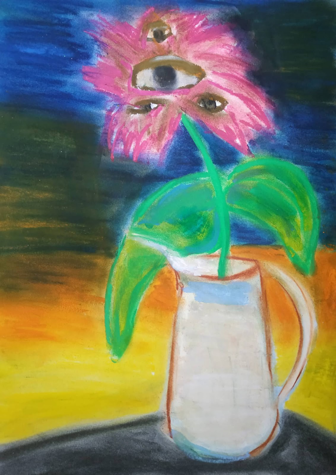 A surreal still life featuring a pink flower with human eyes emerging from its petals, placed in a white pitcher against a vibrant gradient background.