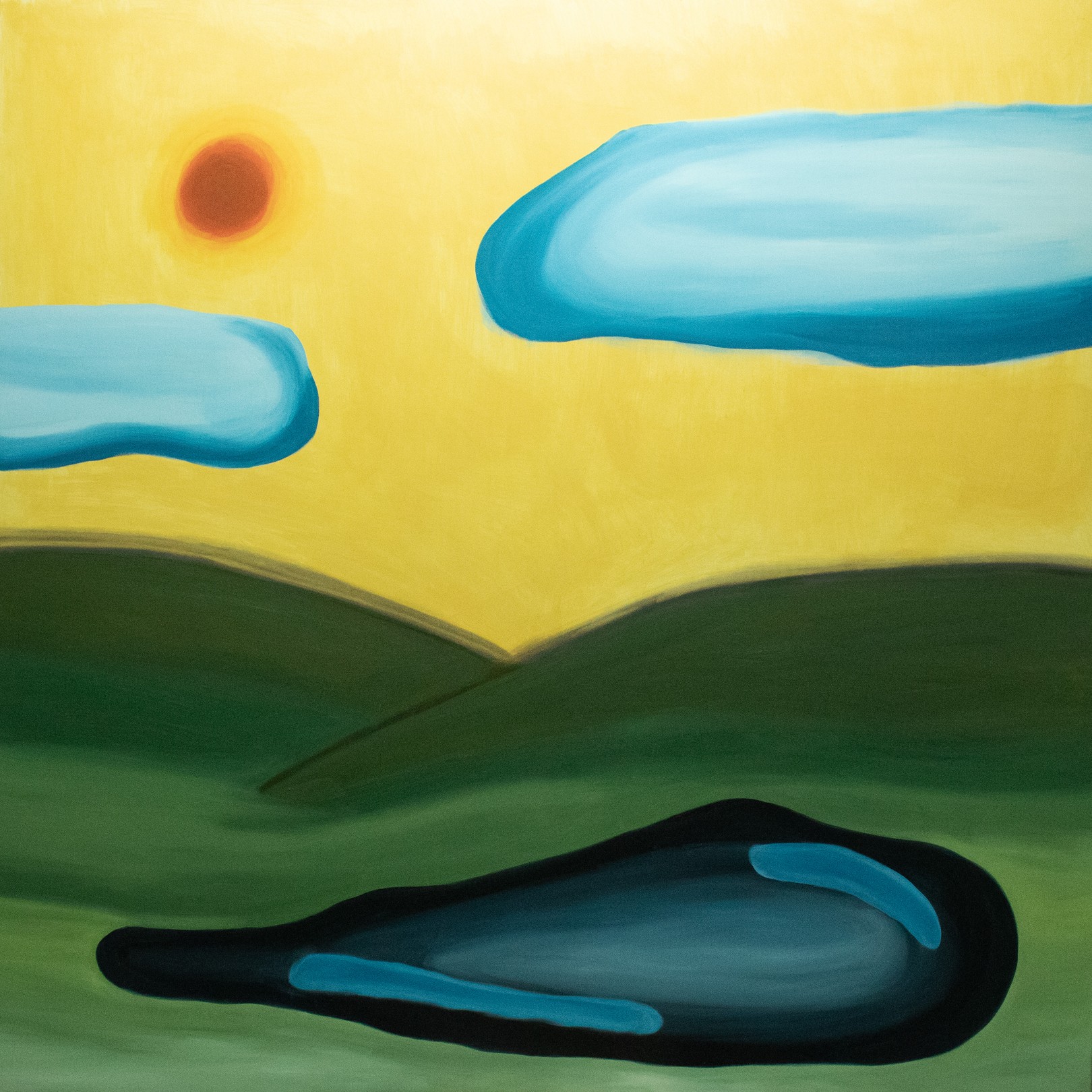 A stylized landscape painting featuring a yellow sky, green hills, and floating blue shapes.