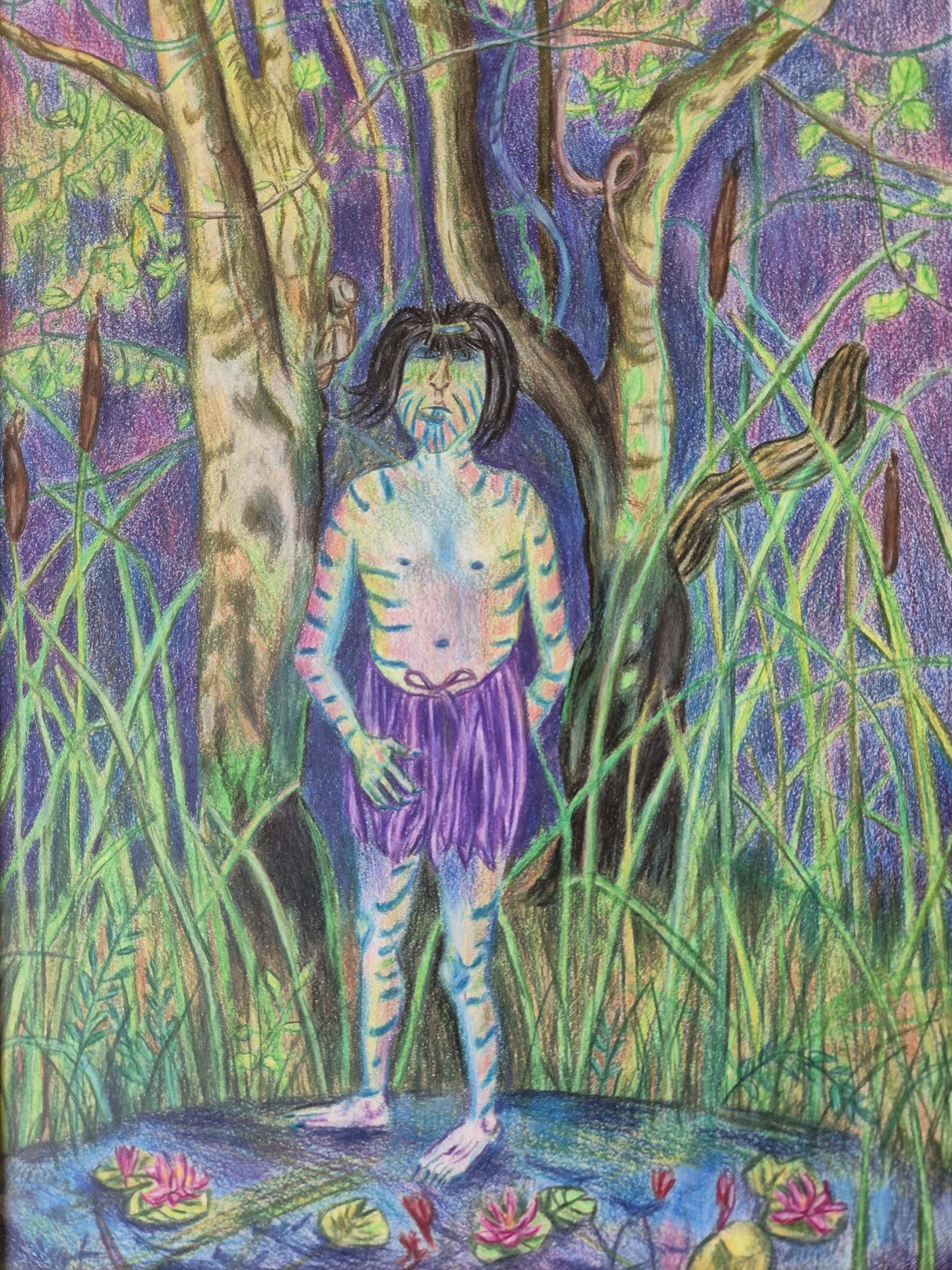 A drawing of a man standing in the middle of a swamp.