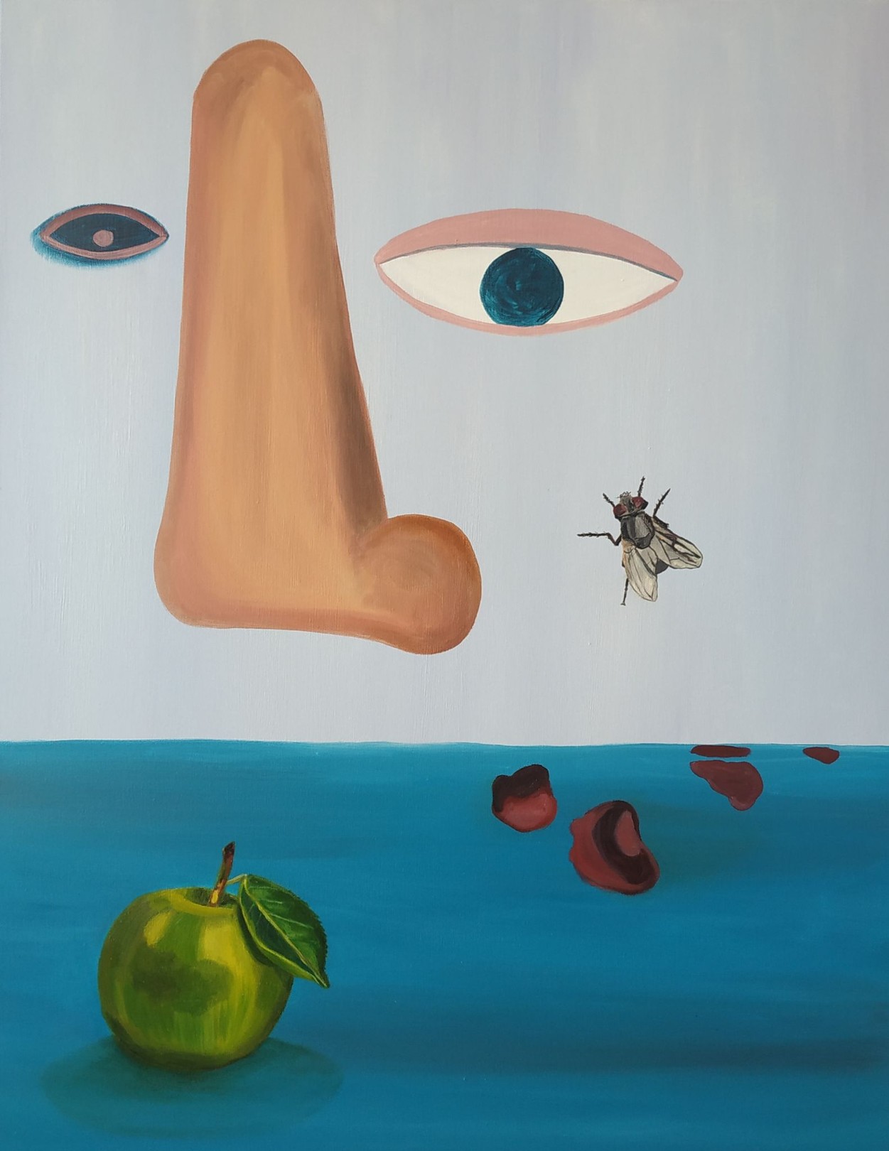A painting of a nose and a green apple on a table.