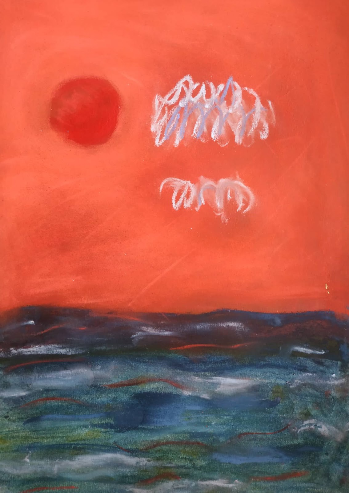 A painting of a sunset over the ocean with a red sun in the background.