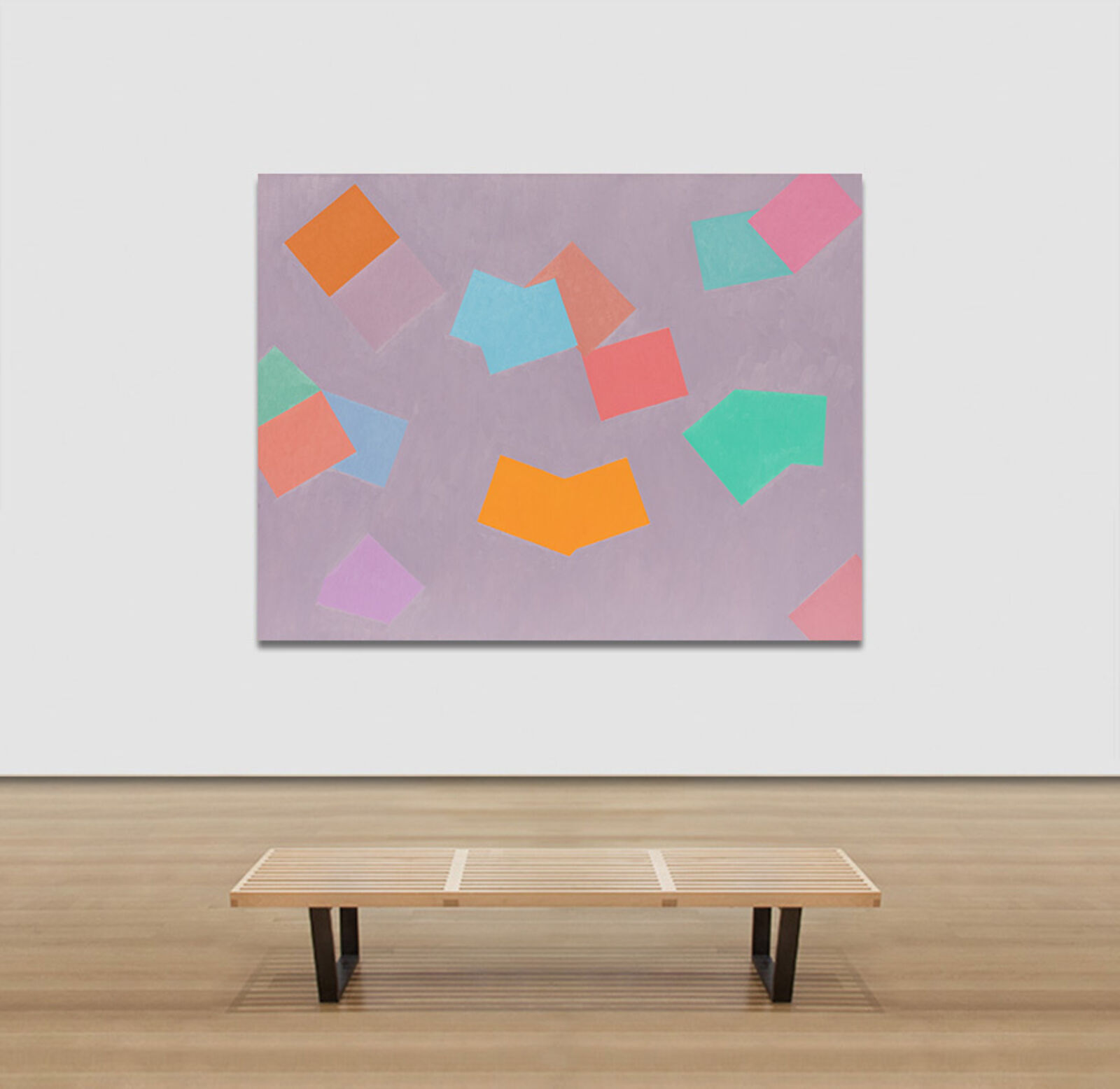 A painting of colorful squares on a purple background.