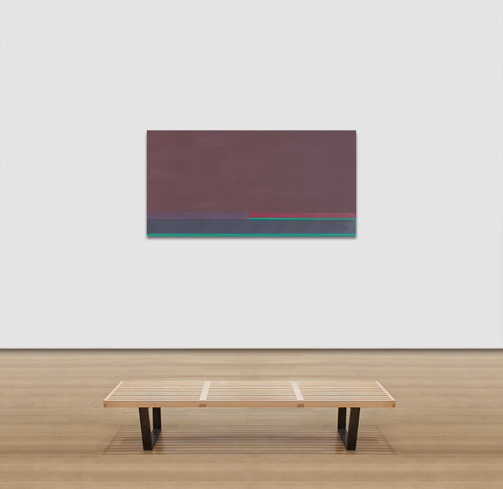 A painting of a brown, red, green, and blue painting on a brown background.