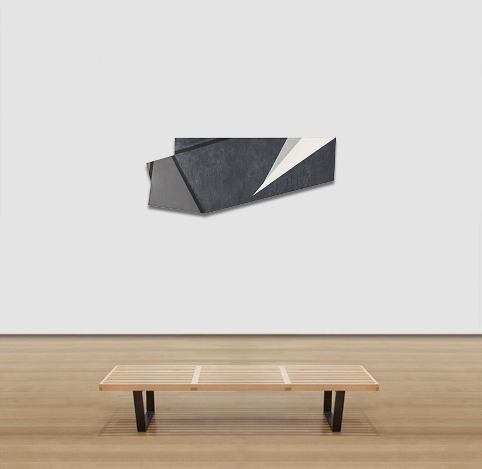 A black and white painting on a white background.