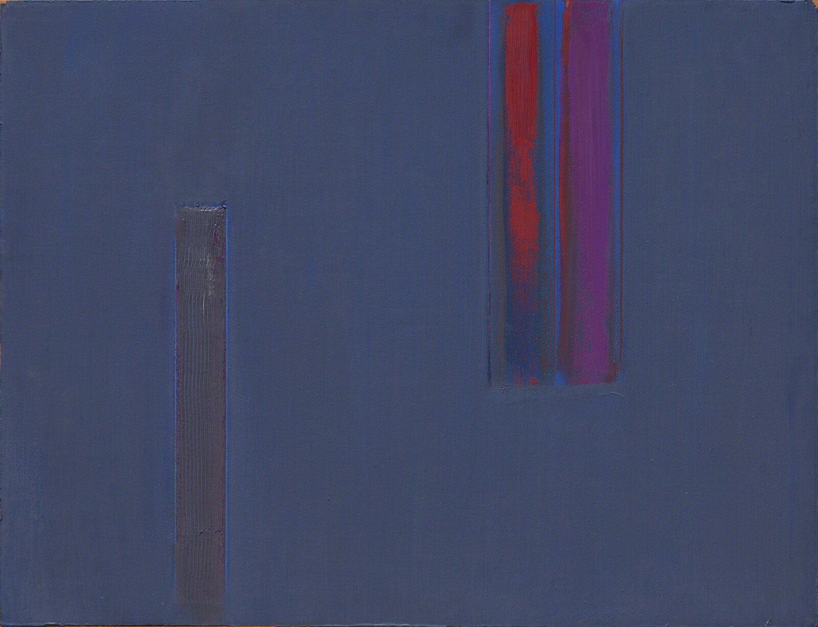 A painting of a blue square with a red and purple stripe.