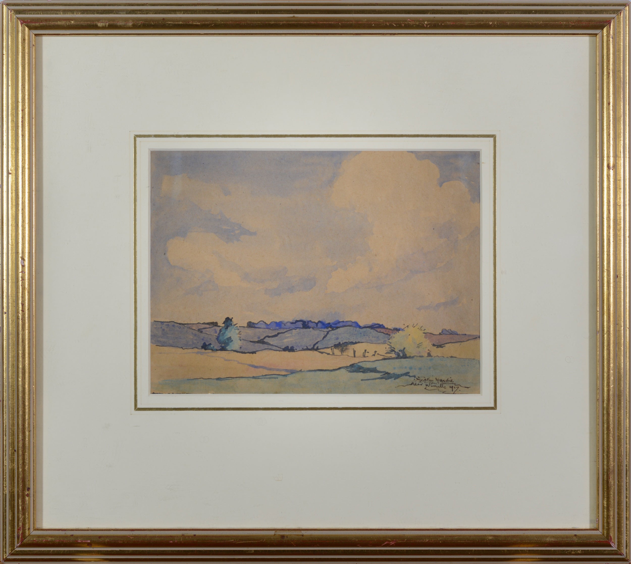 A watercolor painting of a landscape with a cloudy sky.