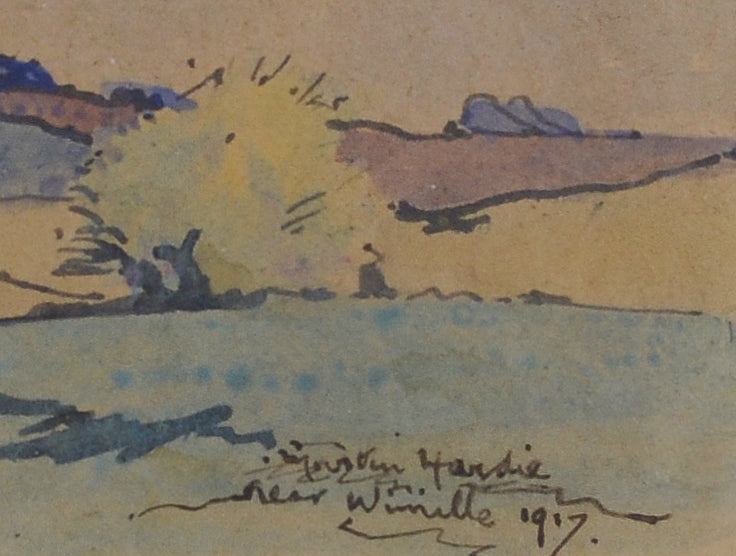 A watercolor painting of a landscape with a cloudy sky.