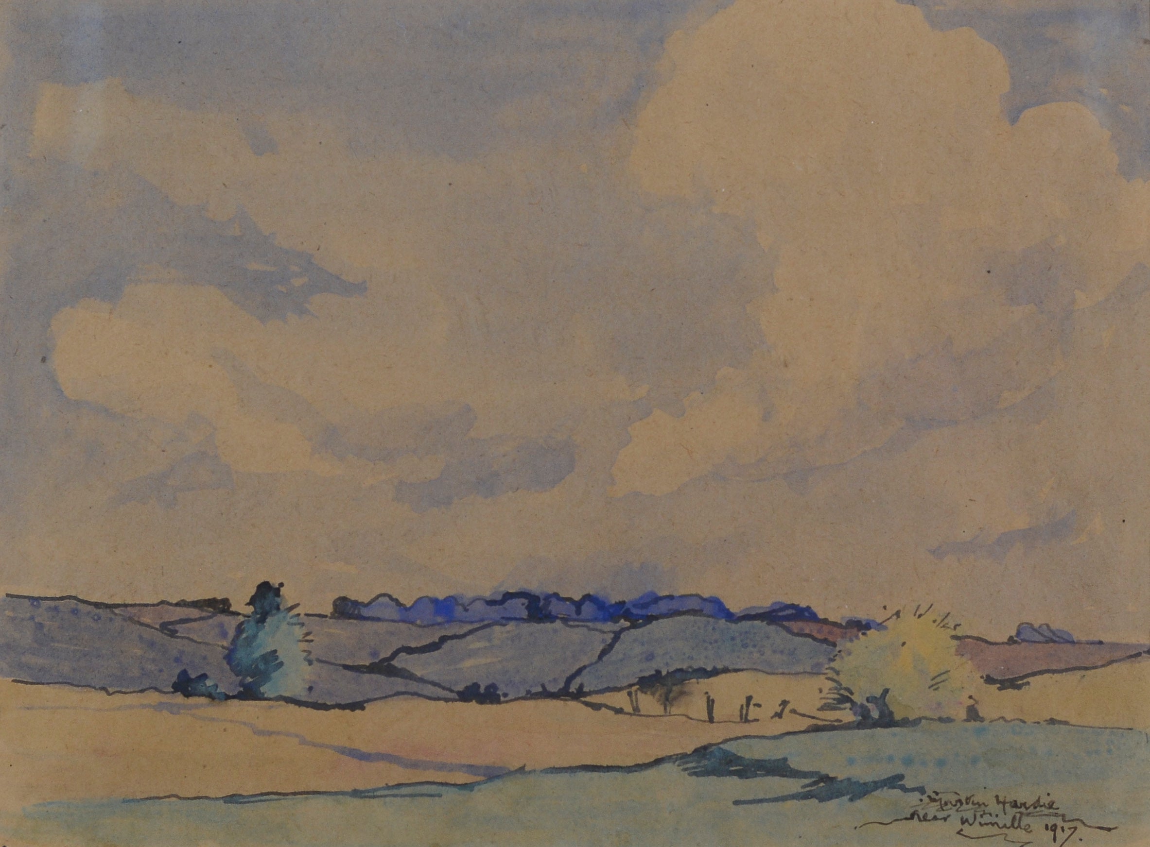 A watercolor painting of a landscape with a cloudy sky.