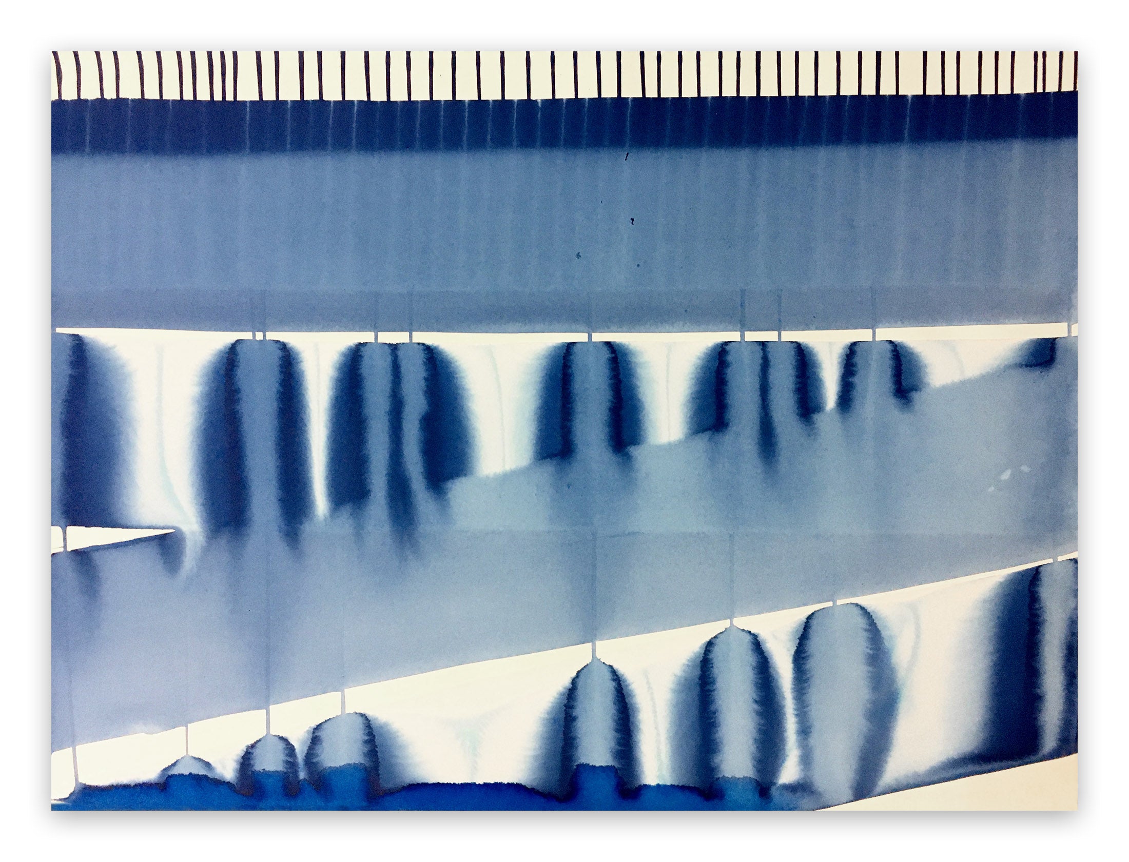 A blue and white painting on a white wall.