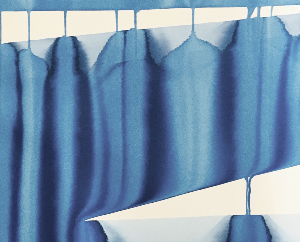 A painting of a blue curtain with a white background.