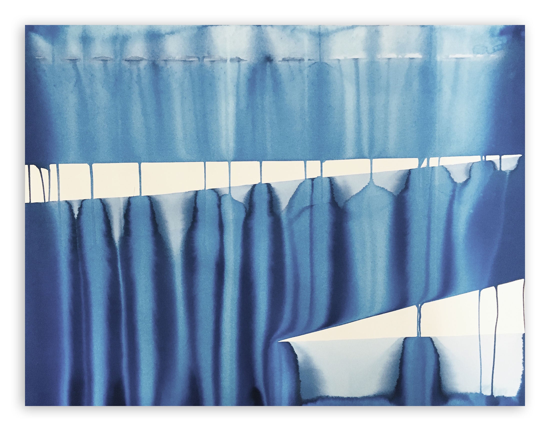 A painting of a blue curtain with a white background.