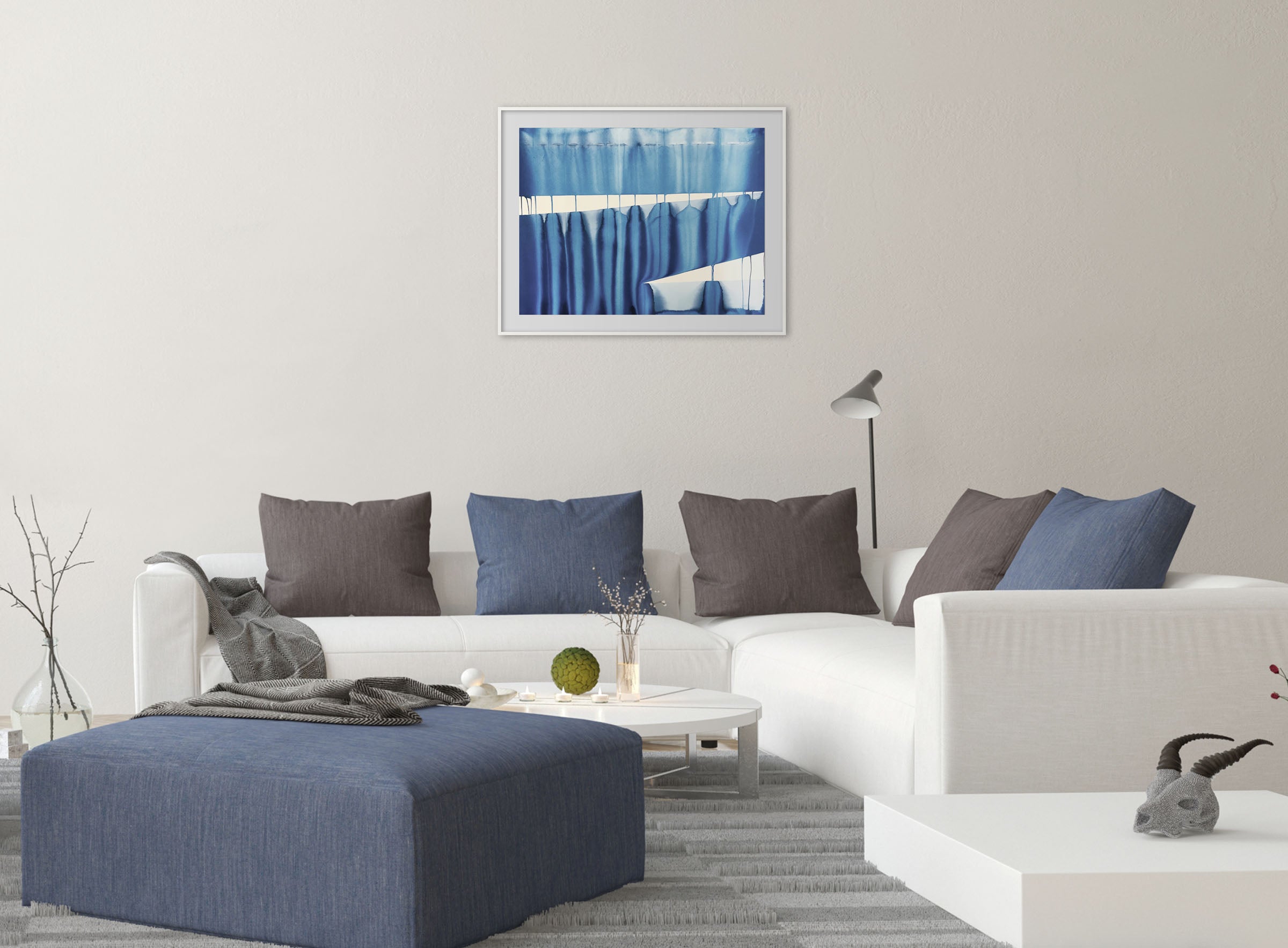 A painting of a blue curtain with a white background.