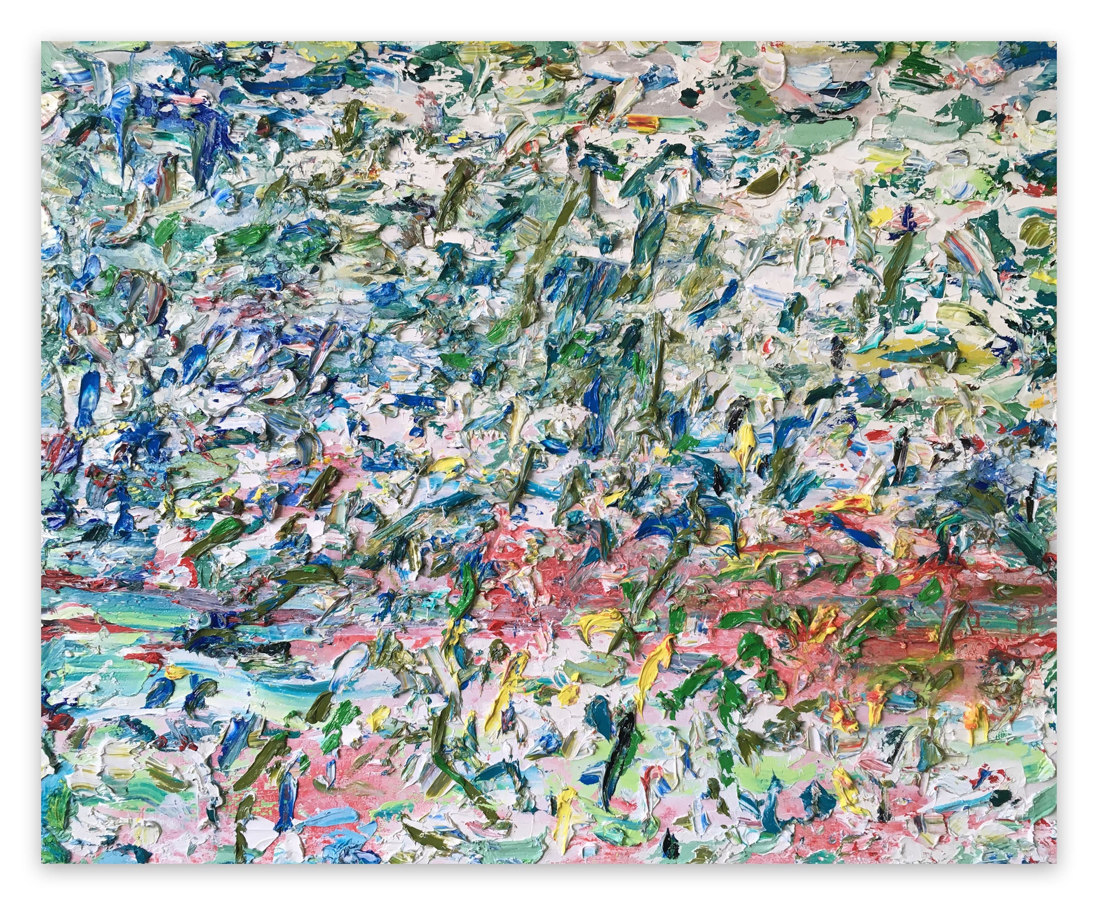 A large abstract painting on a white background. 