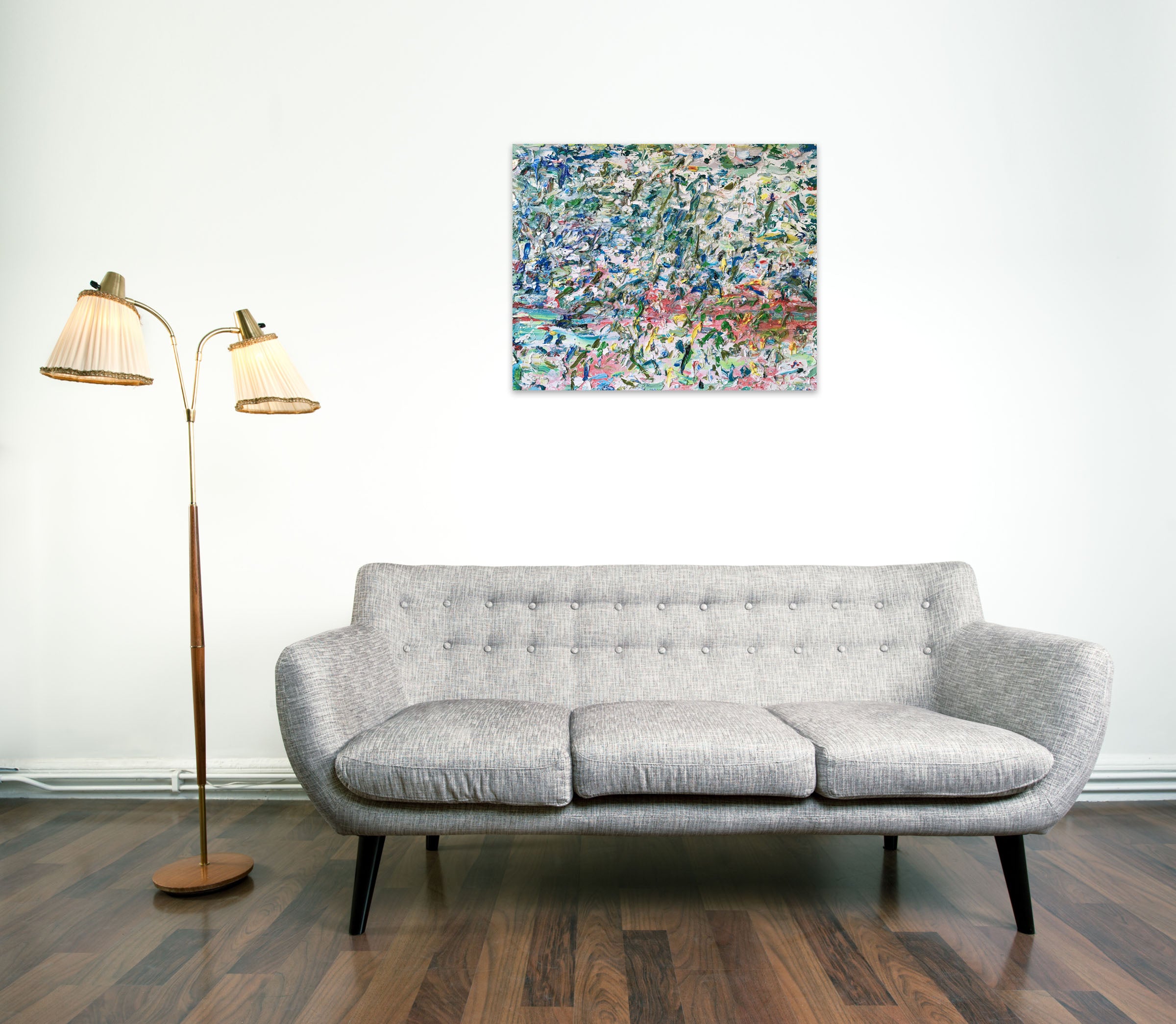 A large abstract painting on a white background. 