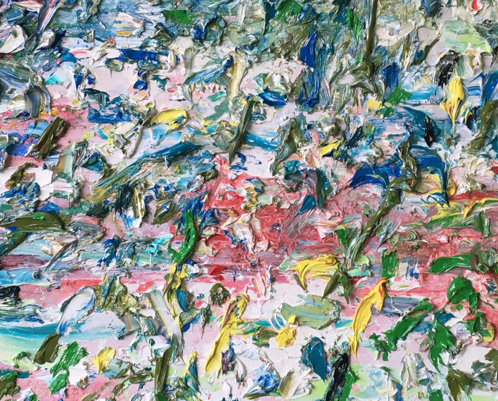 A large abstract painting on a white background. 