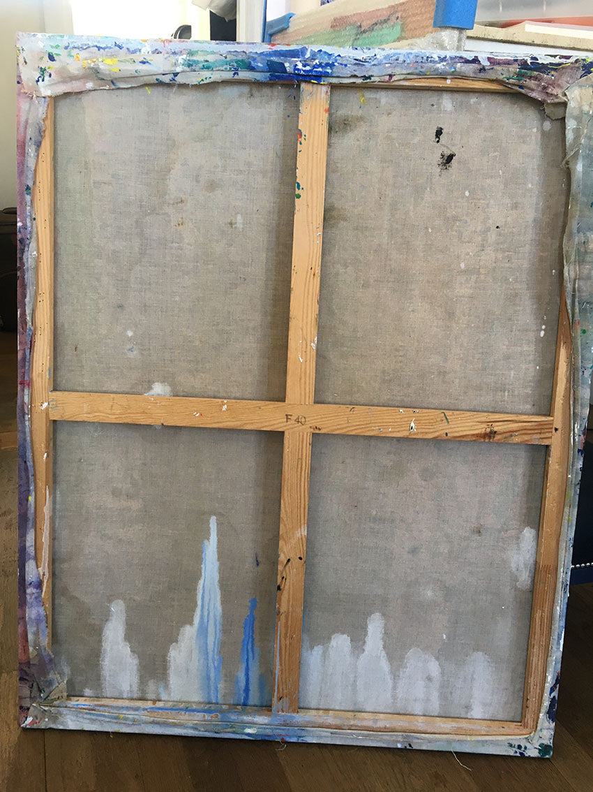A large abstract painting on a white background. 
