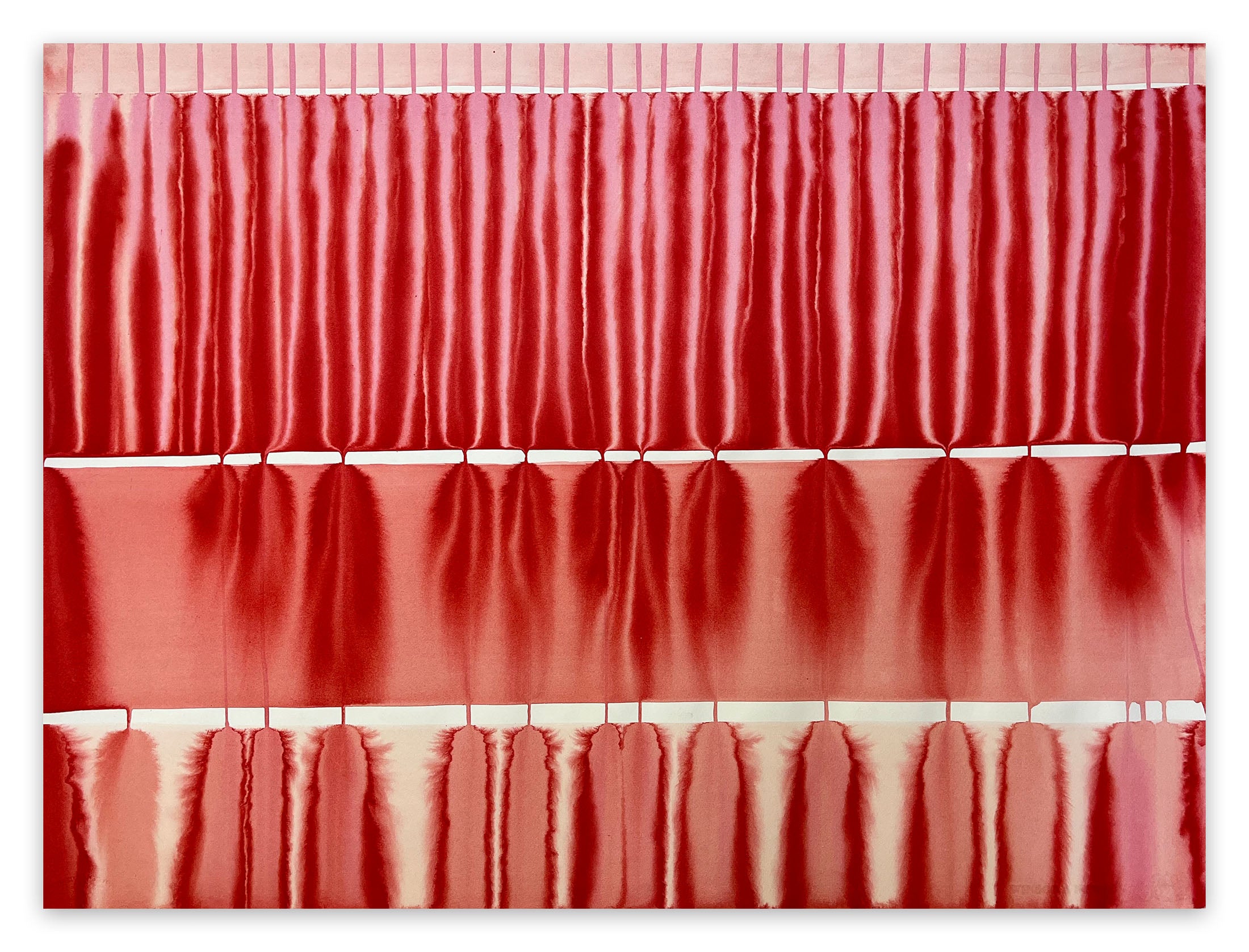 A red curtain with a white stripe on it.