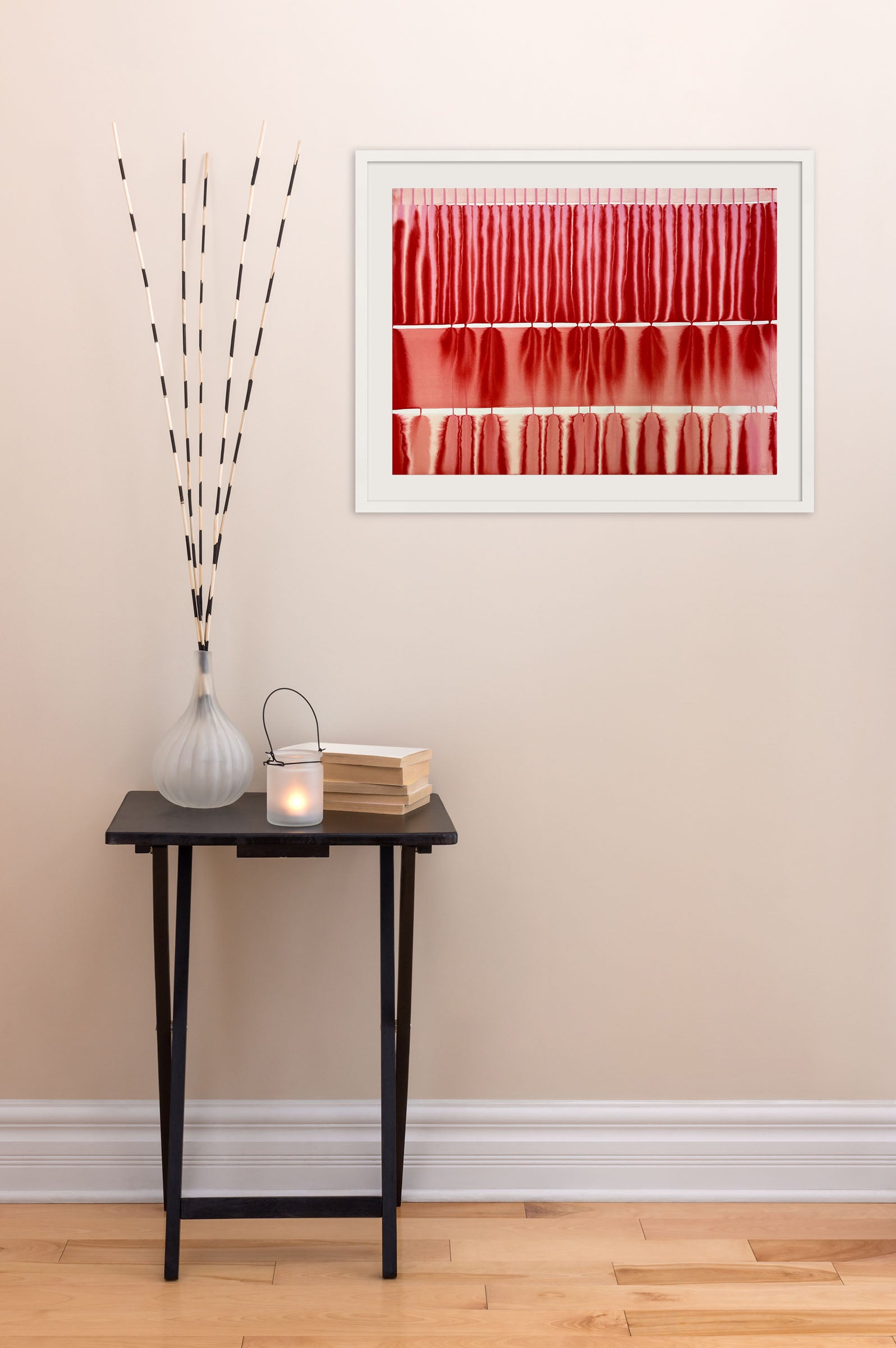 A red curtain with a white stripe on it.