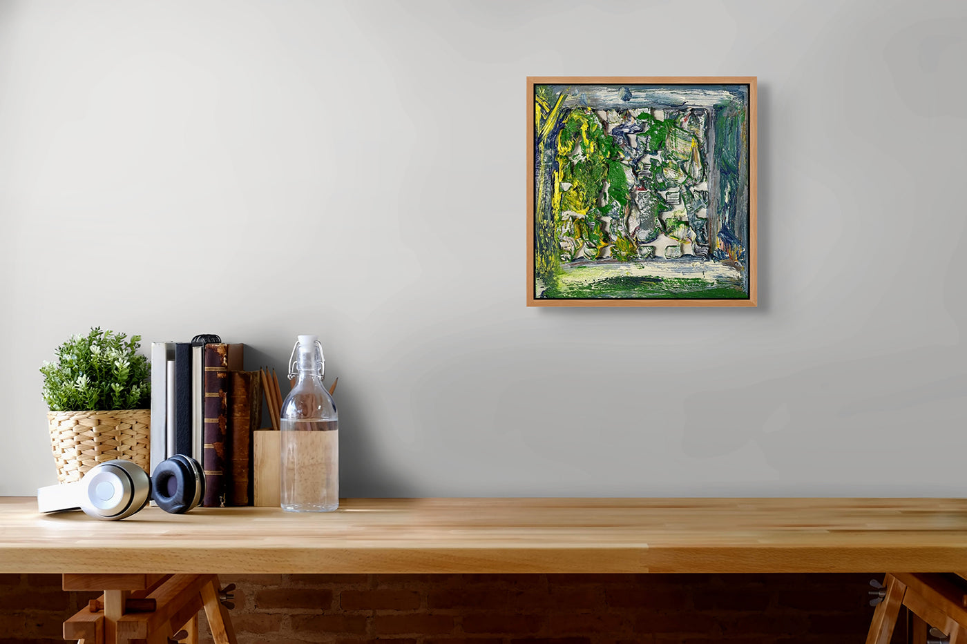 A painting of a green and yellow abstract painting on a white background.