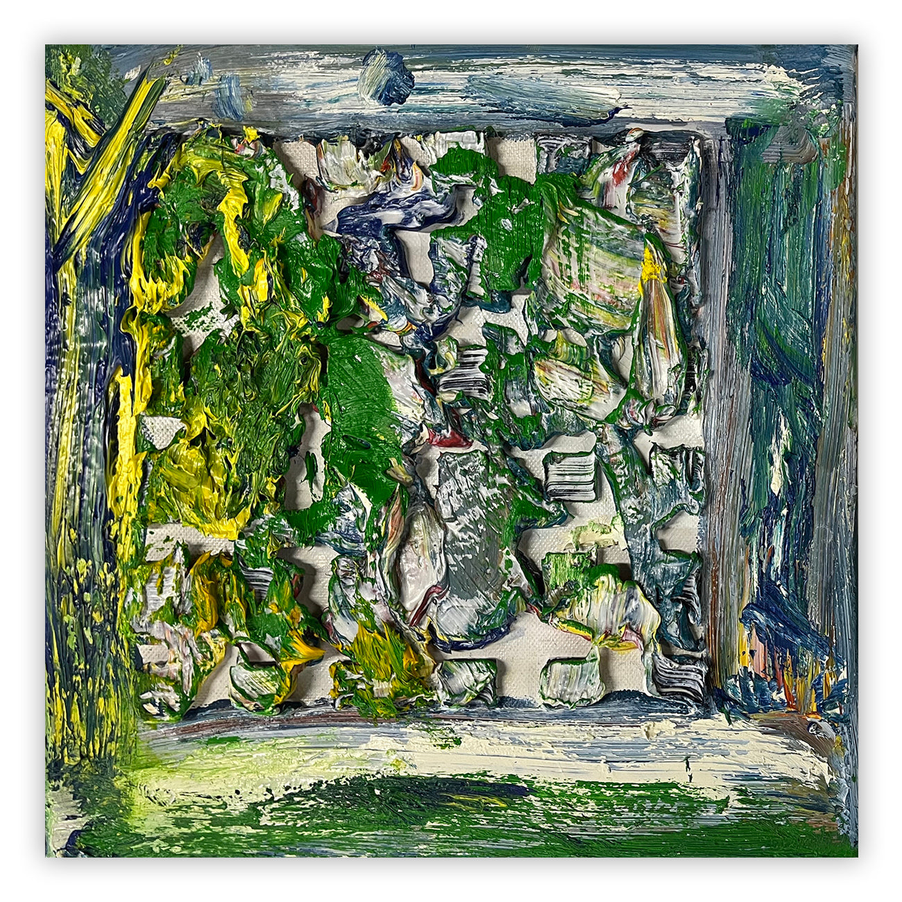 A painting of a green and yellow abstract painting on a white background.