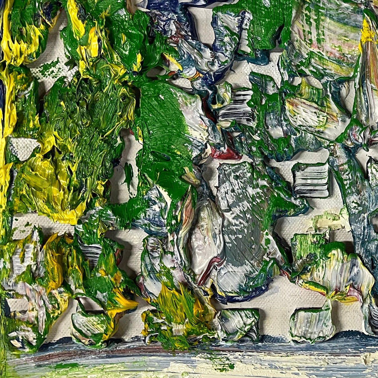 A painting of a green and yellow abstract painting on a white background.