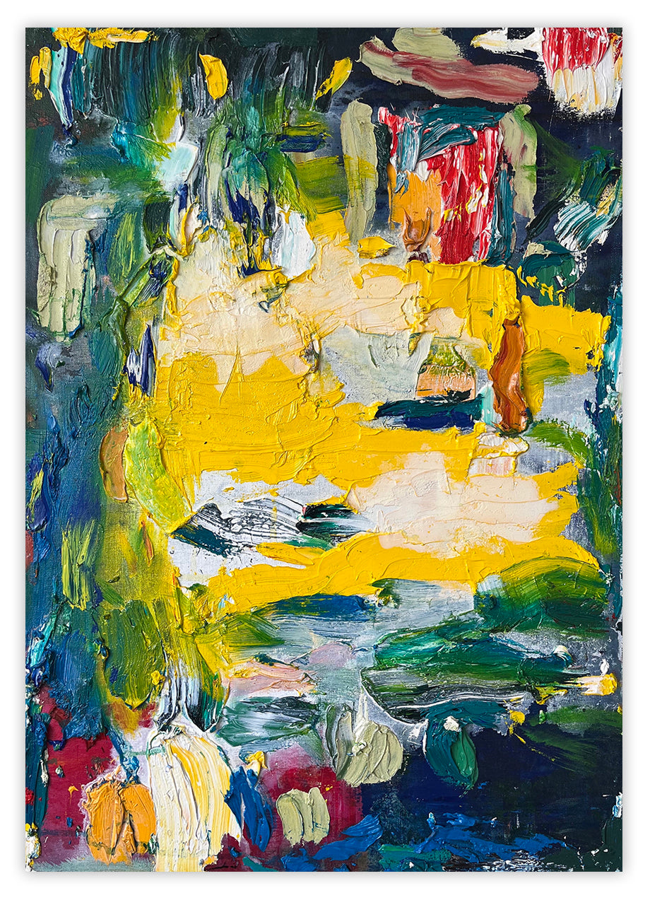 A painting of a yellow and blue abstract painting on a white background.