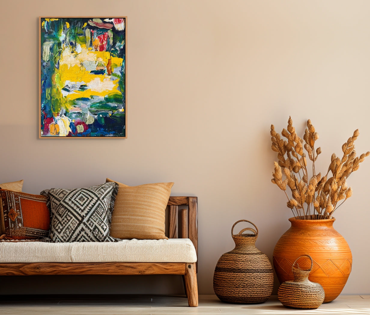 A painting of a yellow and blue abstract painting on a white background.