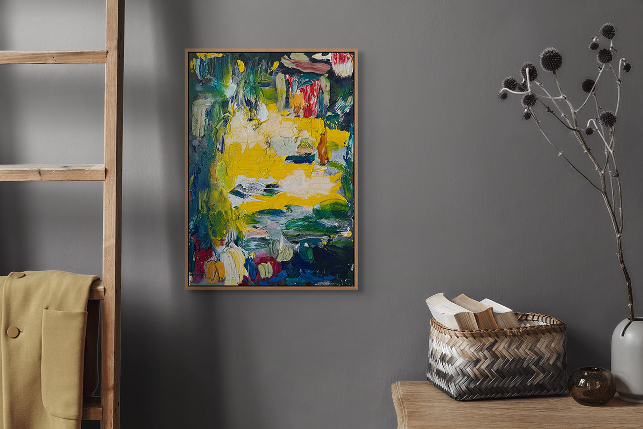 A painting of a yellow and blue abstract painting on a white background.
