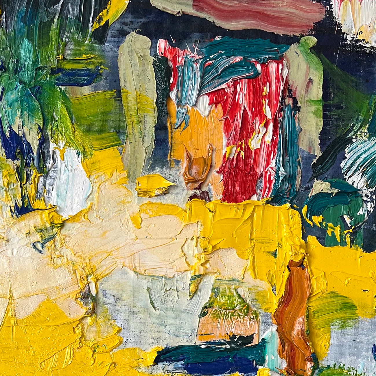 A painting of a yellow and blue abstract painting on a white background.