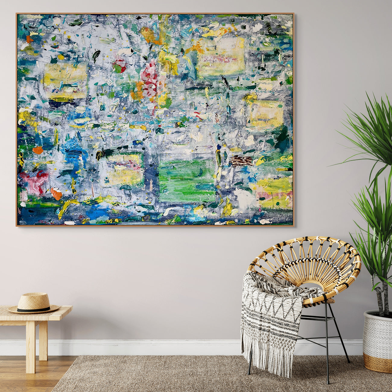 A large abstract painting on a white background. 