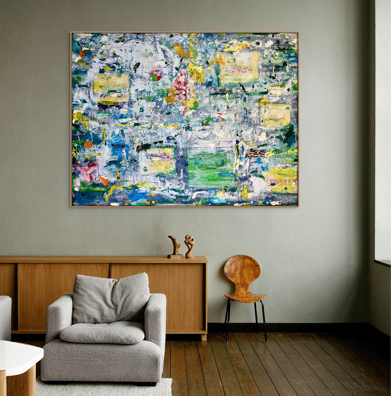 A large abstract painting on a white background. 