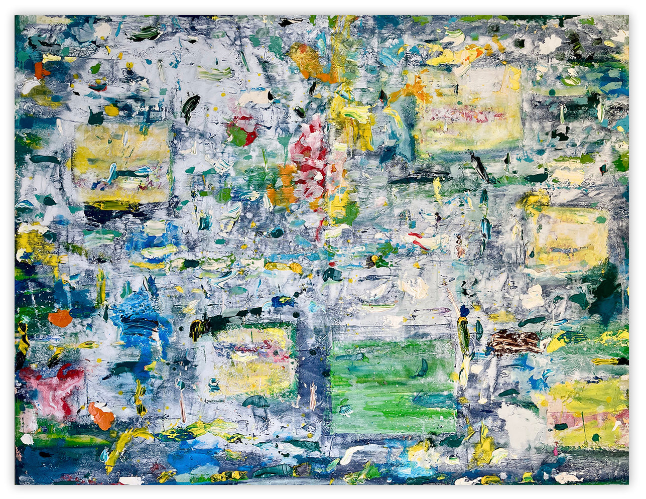 A large abstract painting on a white background. 
