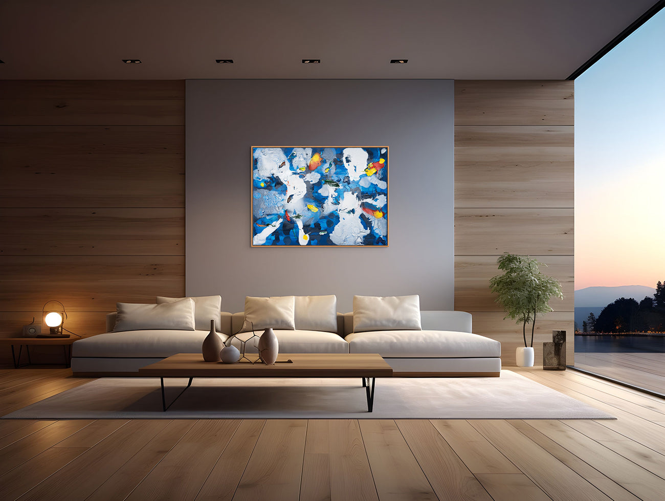 A painting of a blue and white abstract painting on a white background.