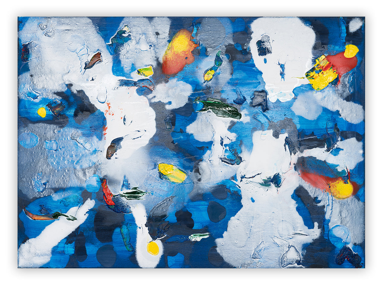 A painting of a blue and white abstract painting on a white background.