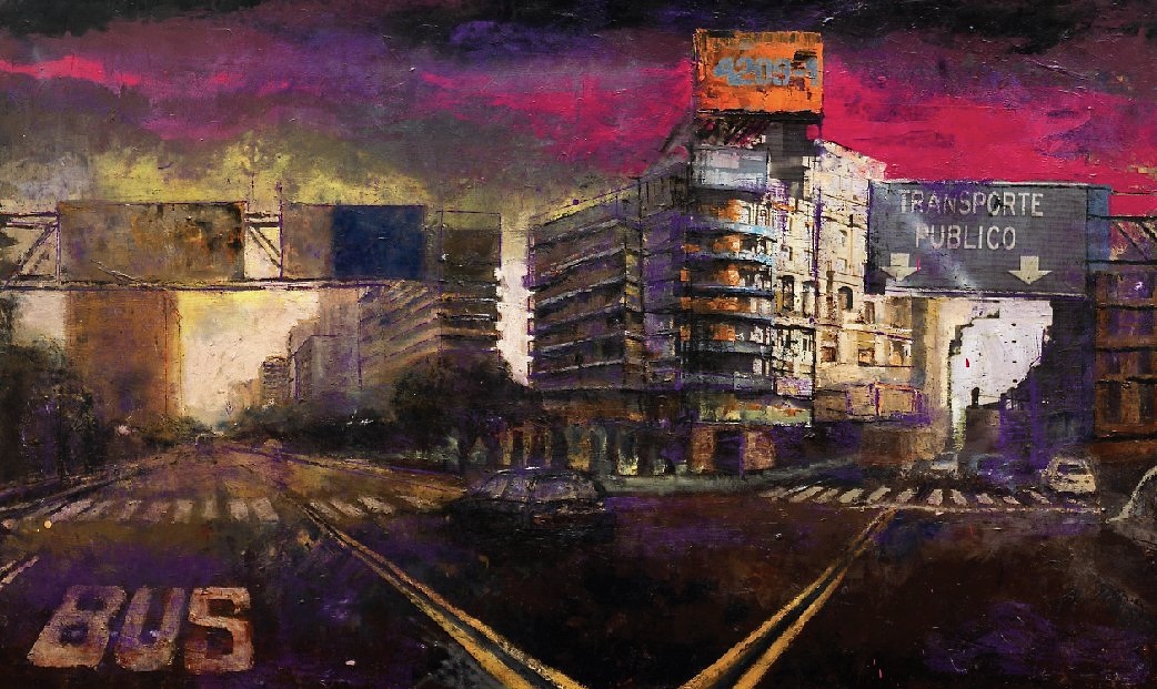 A painting of a city street at night with a bus on the tracks.