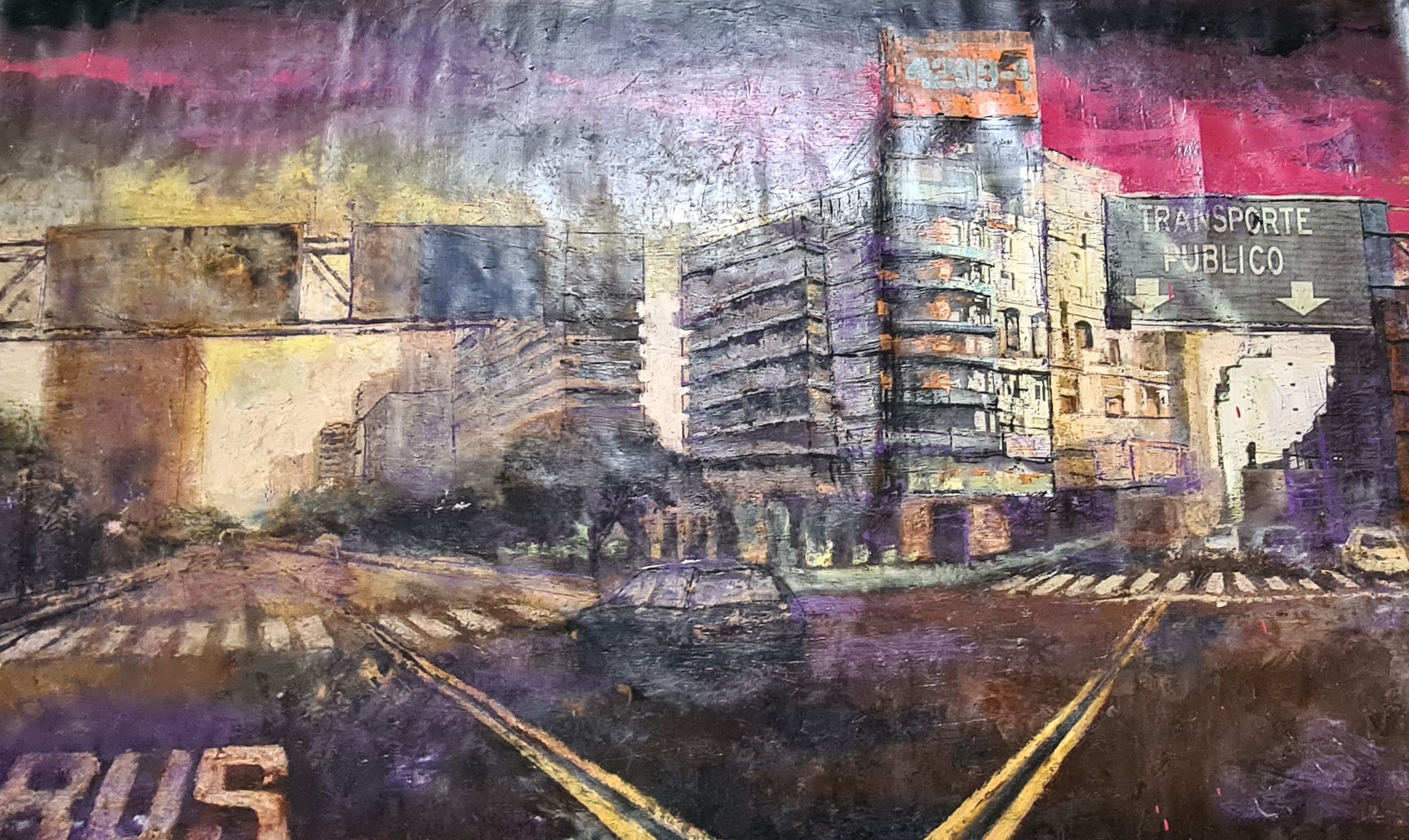 A painting of a city street at night with a bus on the tracks.