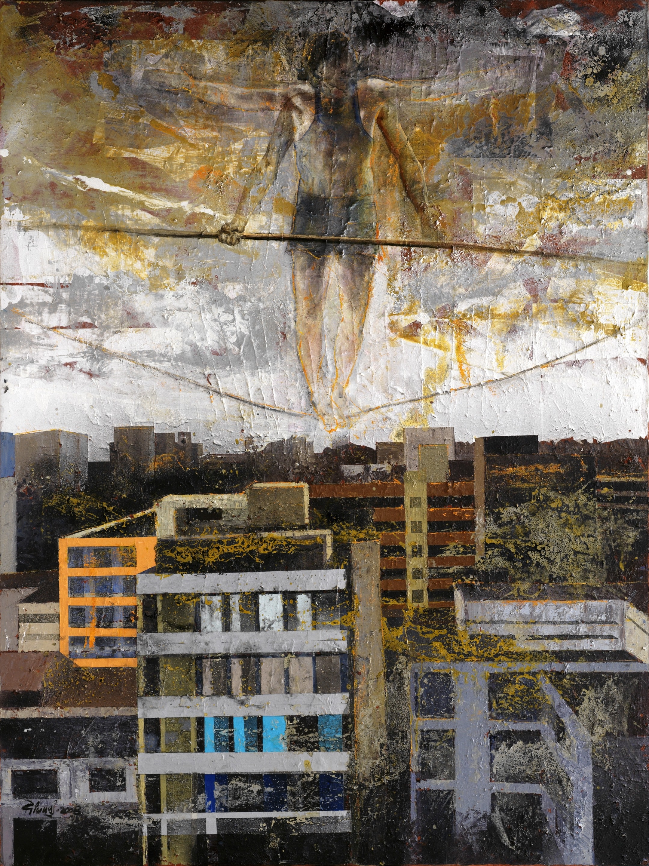 A painting of a man walking on a tightrope over a city.