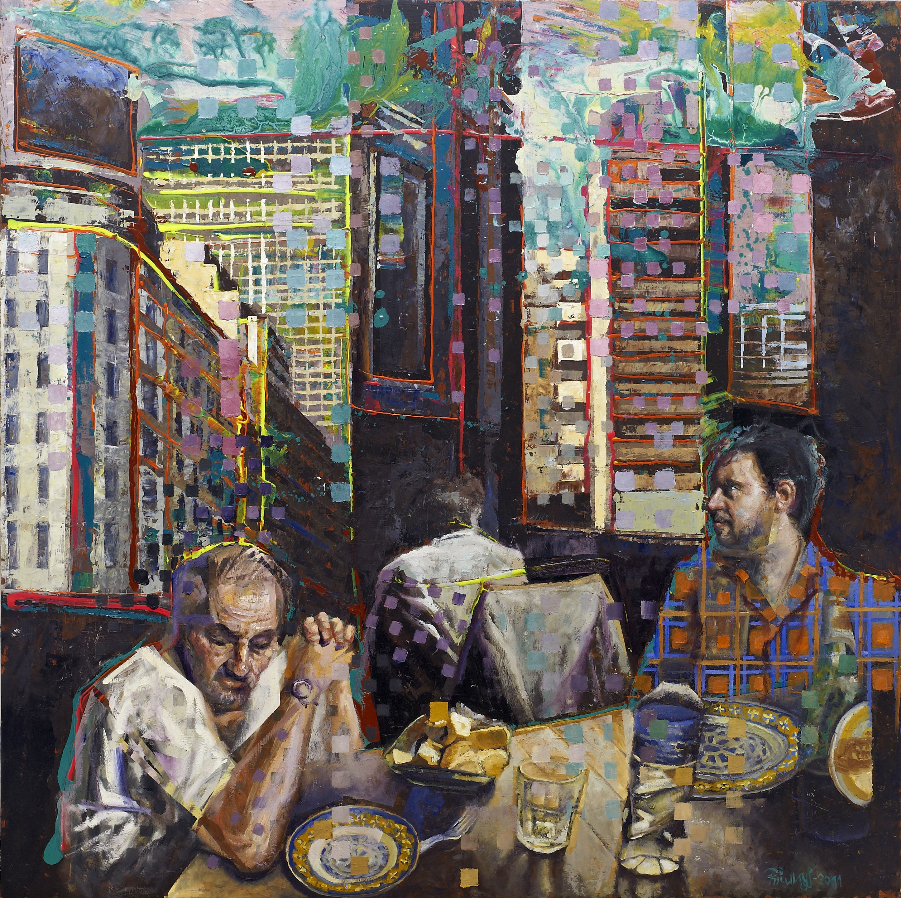A painting of two men sitting at a table in a restaurant.