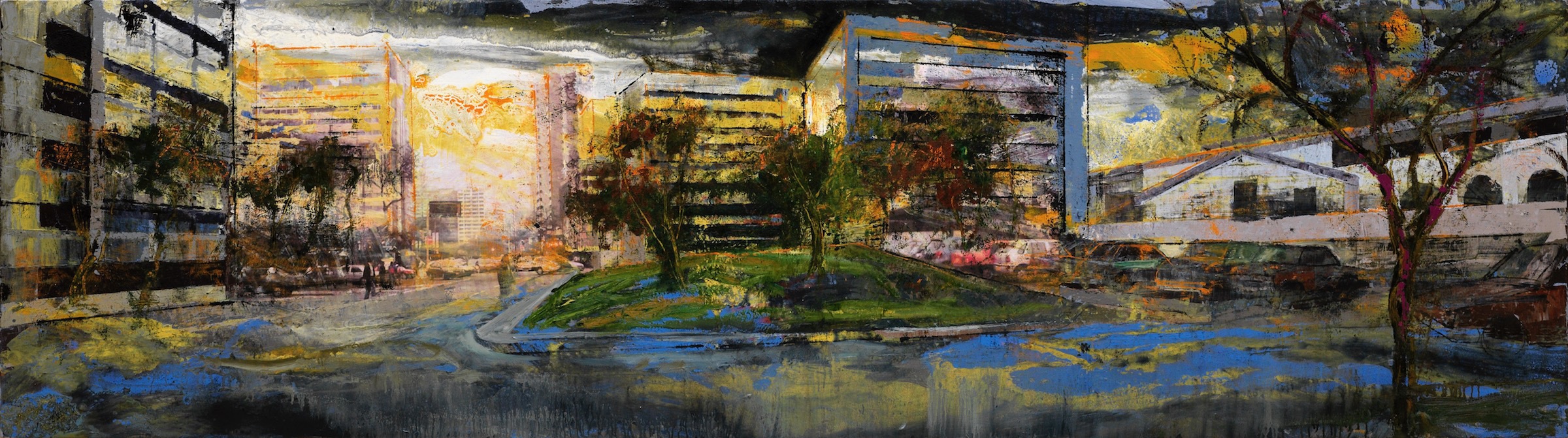 A painting of a cityscape with buildings and trees.